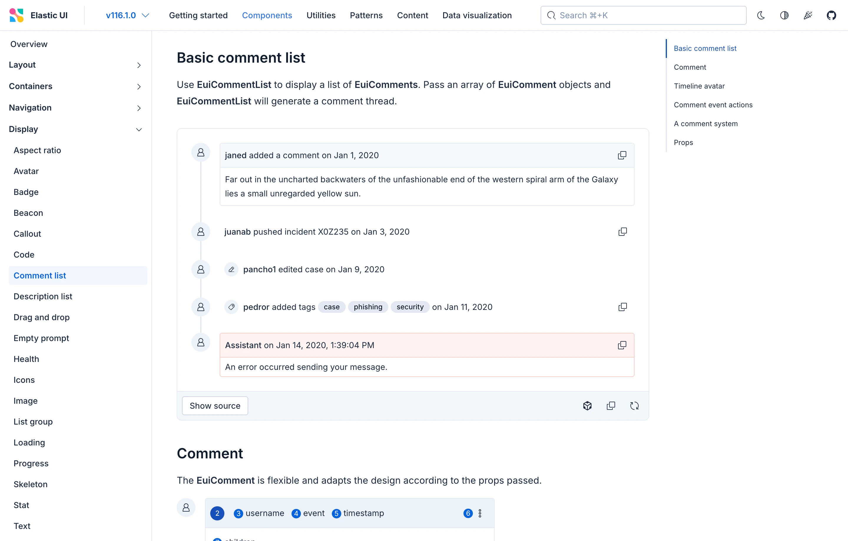 Elastic UI component examples in the documentation site