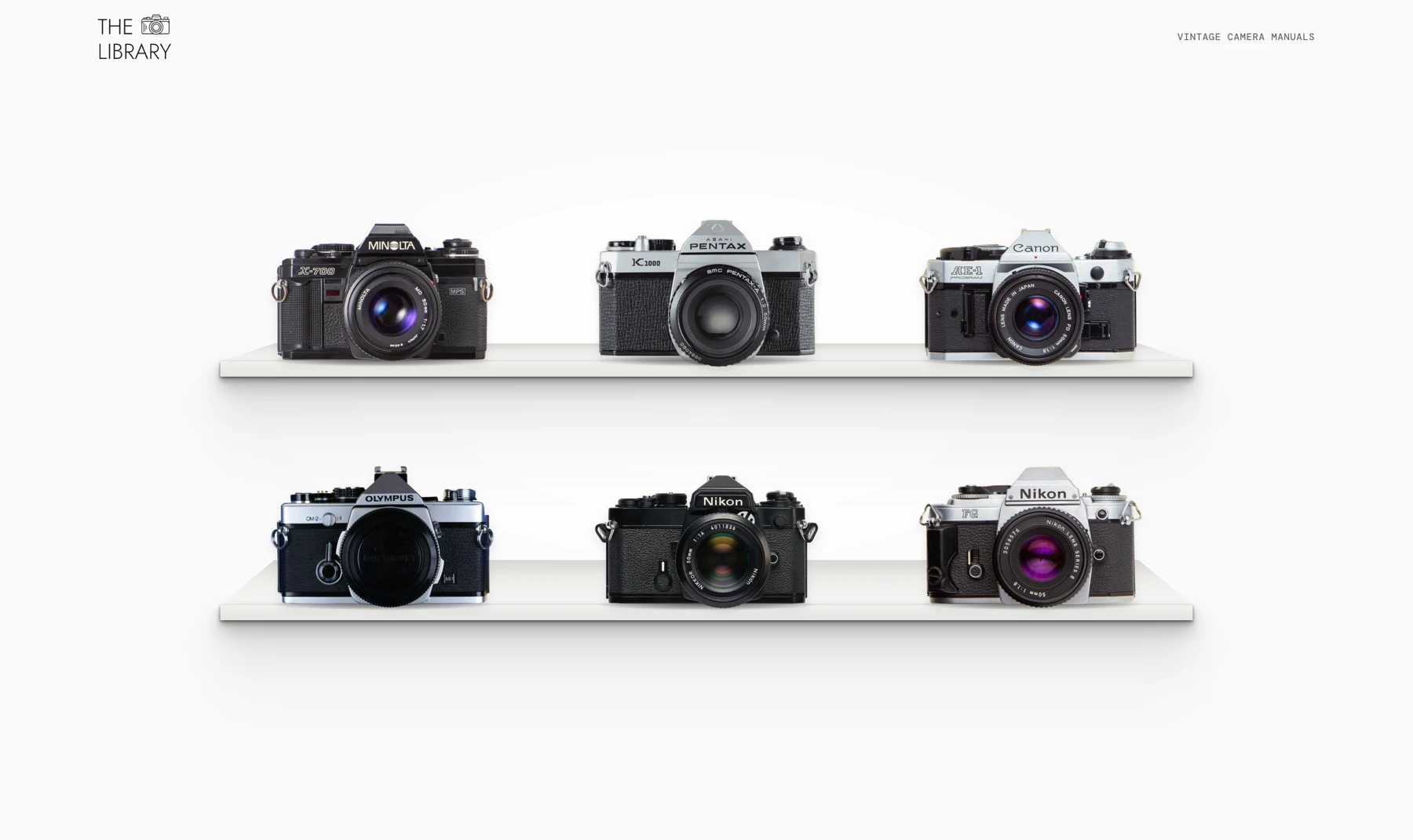 The Camera Library homepage showing vintage cameras on white shelves