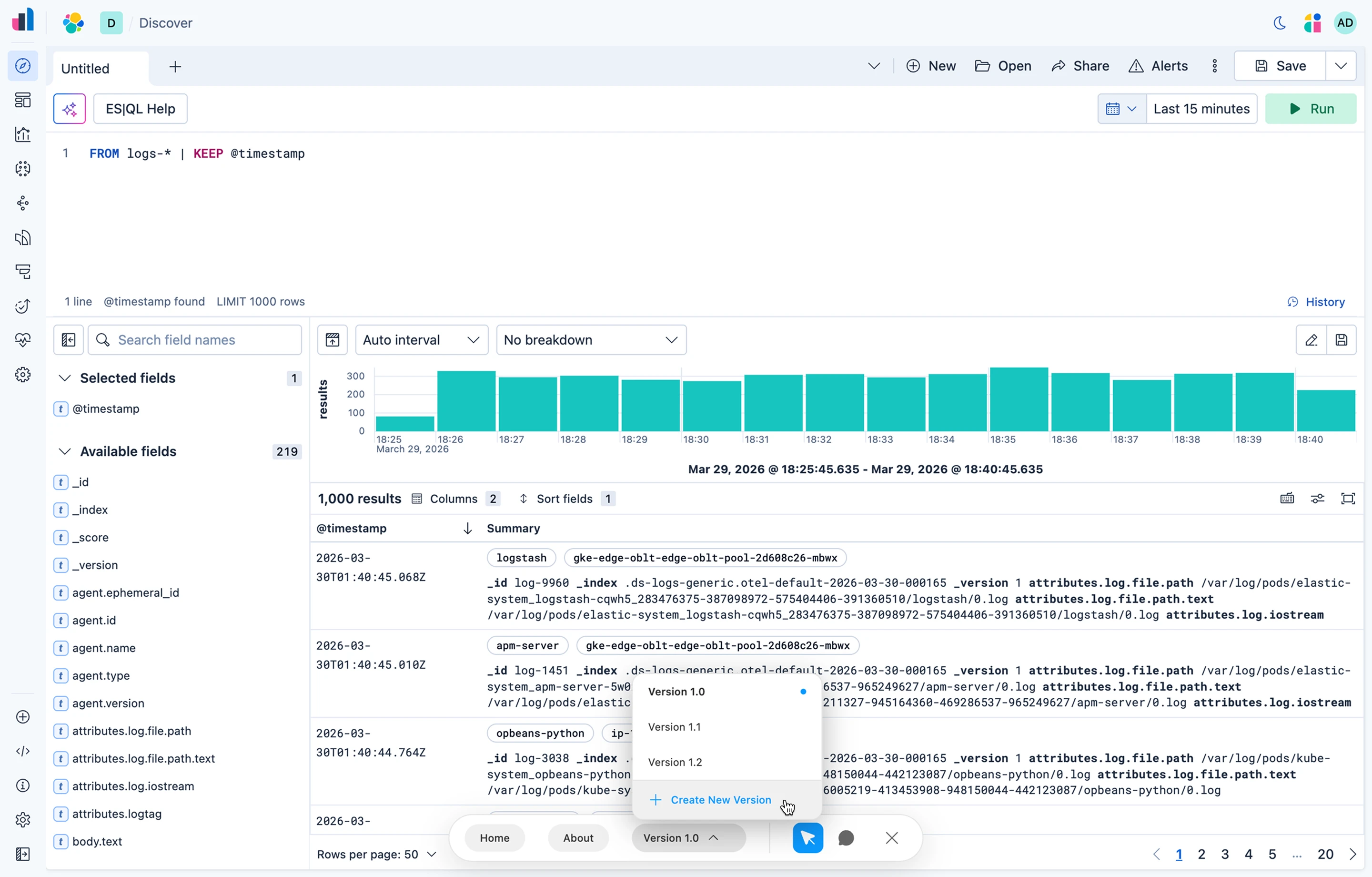 Vibe Kibana showing a Discover prototype with an ES|QL query, the version switcher open with multiple versions, and the designer toolbar at the bottom