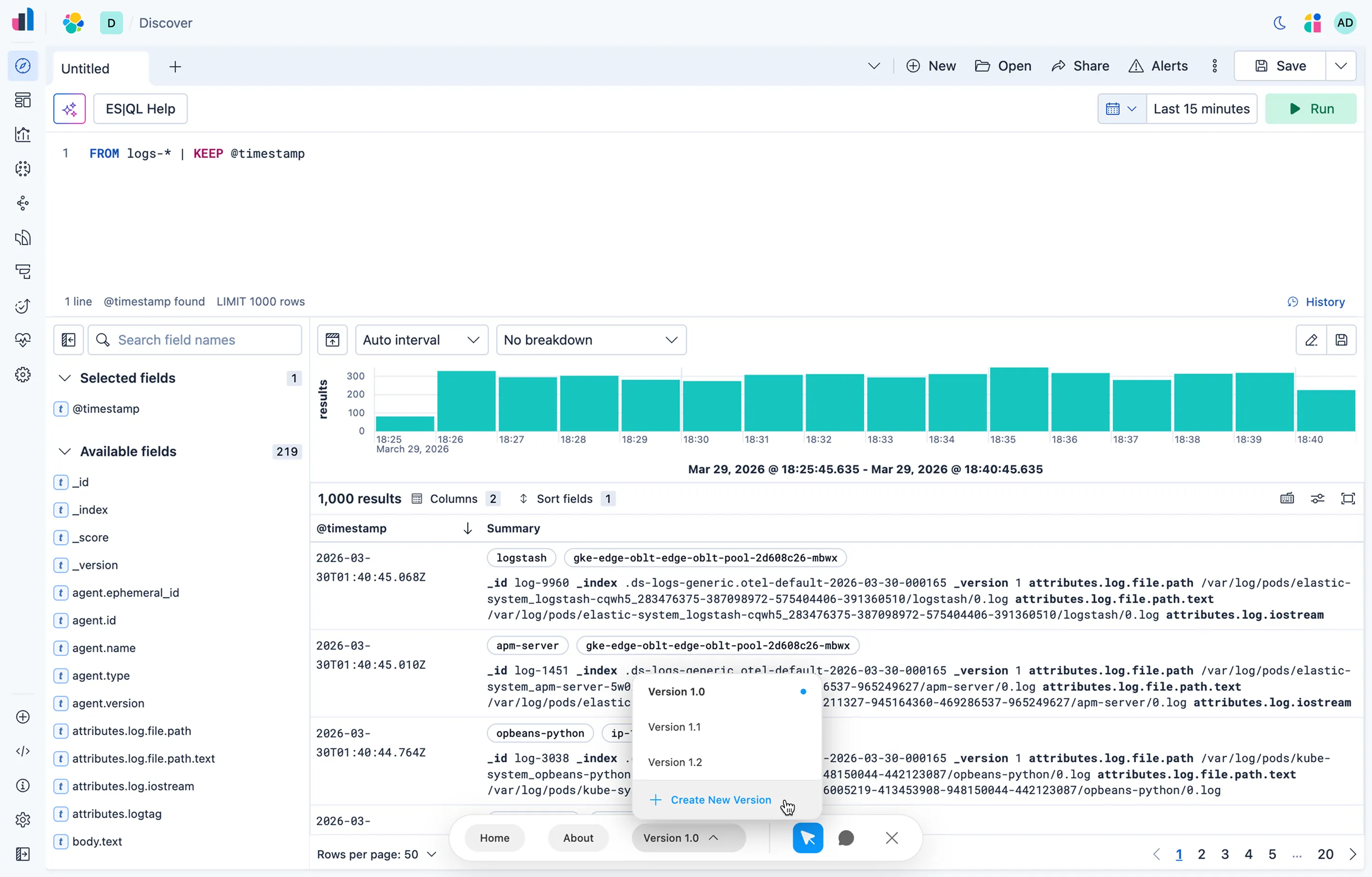 Vibe Kibana showing a Discover prototype with an ES|QL query, the version switcher open with multiple versions, and the designer toolbar at the bottom