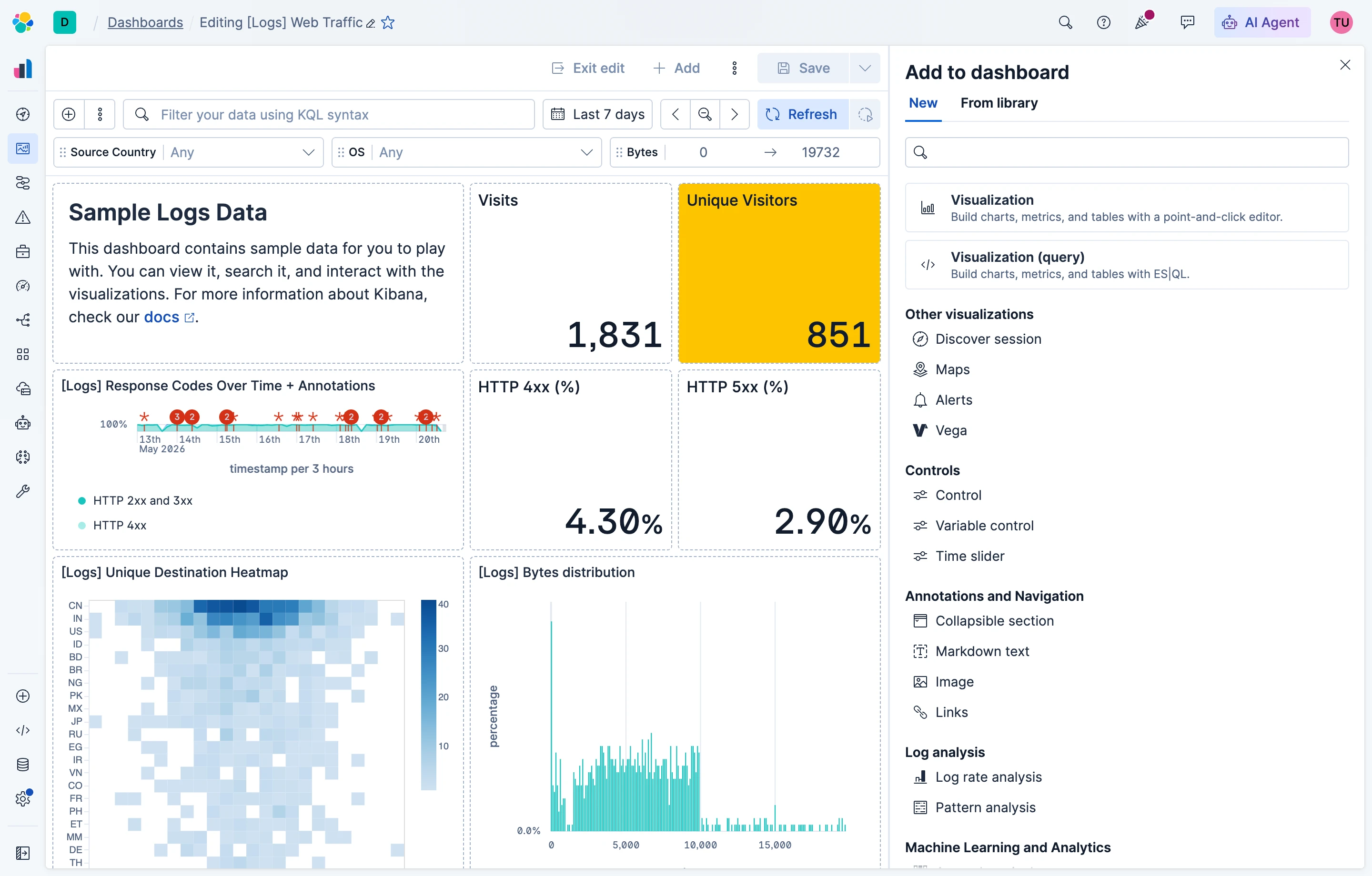 The redesigned add to dashboard flyout in Kibana, with a featured section, categorized panels, and search