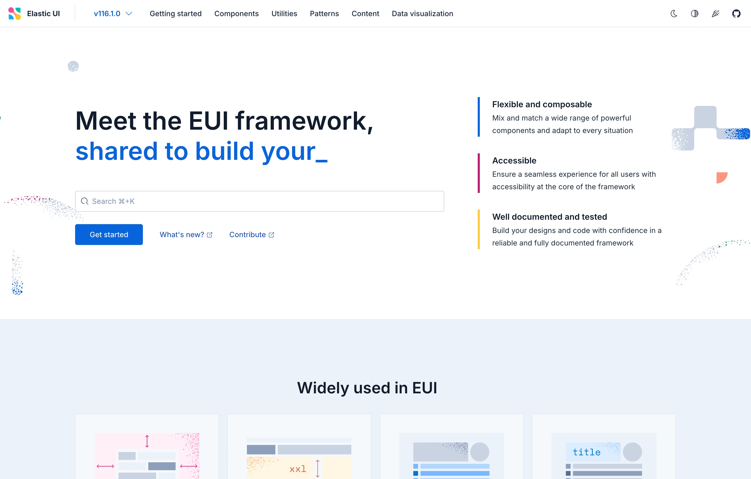 Elastic UI documentation homepage: hero, search, and framework highlights