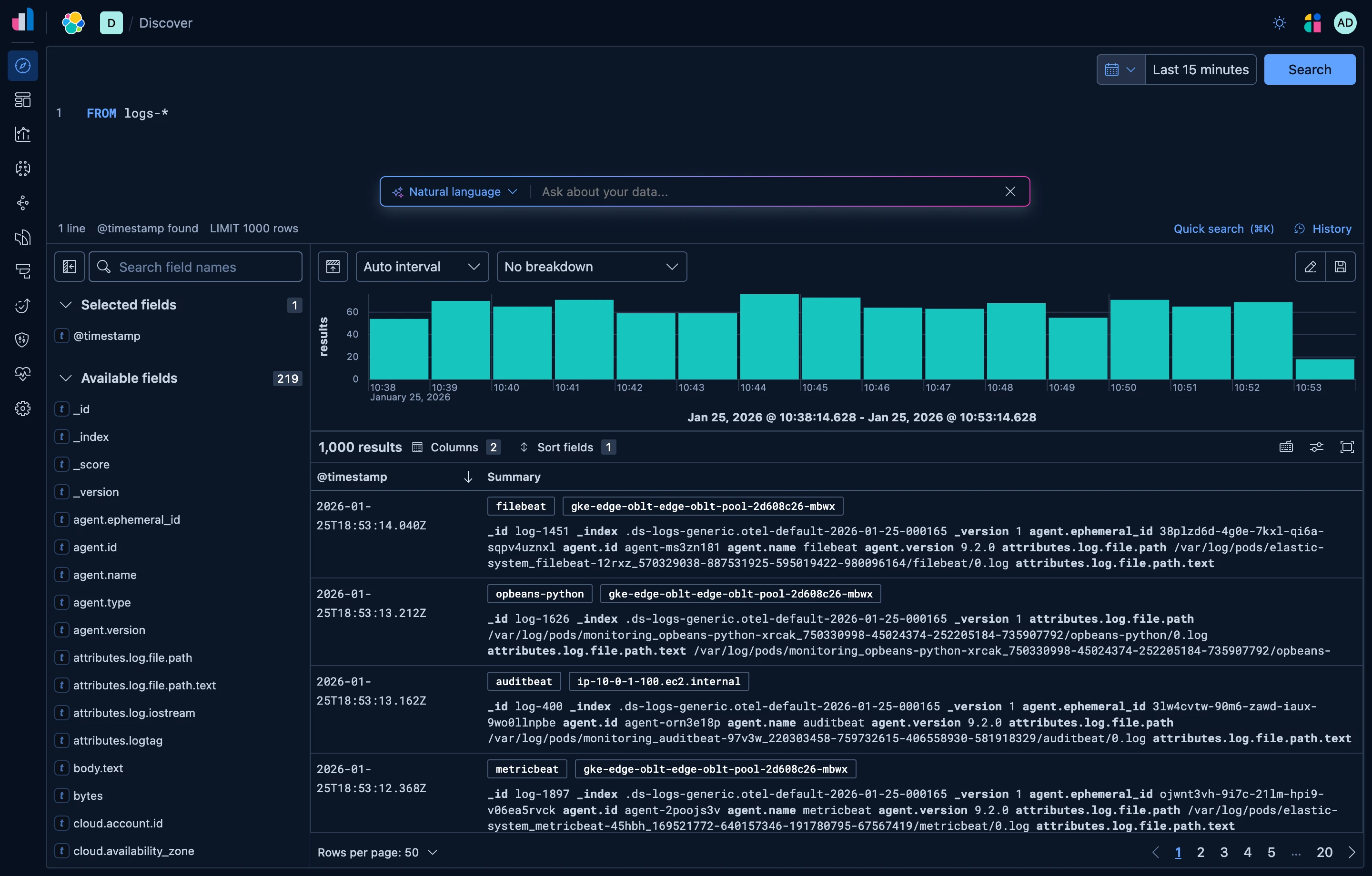 Discover in Kibana showing ES|QL simple search in light and dark theme