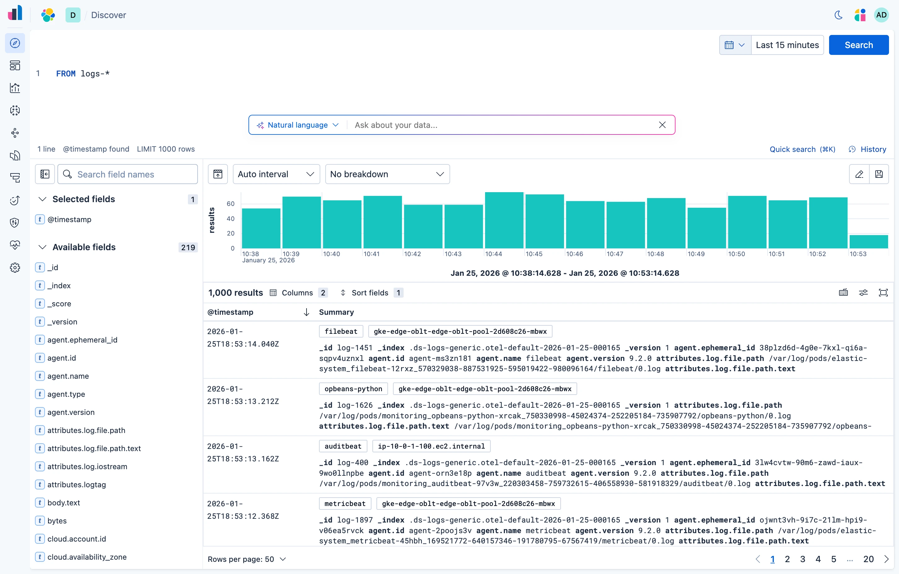 Discover in Kibana showing ES|QL simple search in light and dark theme