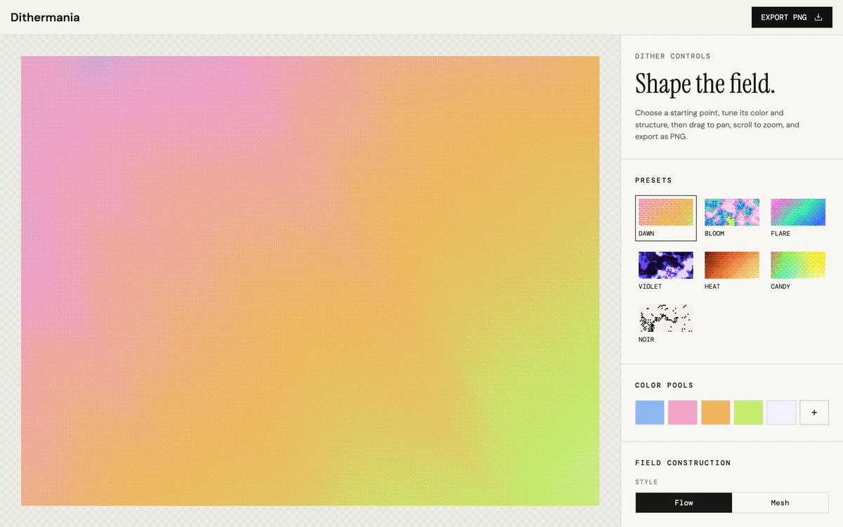 Dithermania interface showing a colorful dithered field and its editing controls